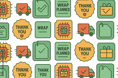 Colorful gift wrap and delivery icons showing planning and thank you notes for presents and packages during the holiday season