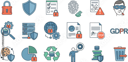 Data Privacy And GDPR Compliance Icon Set Featuring Cyber Security, Encryption, User Protection And Information Governance Vector Collection