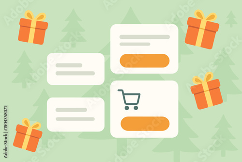 Online shopping for gifts during the holiday season with a shopping cart and present icons