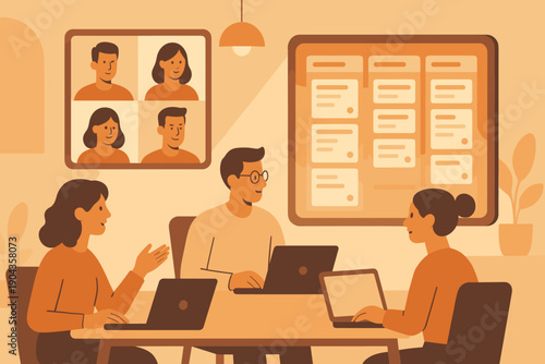 Team members work together at a table in a shared space with laptops and a task board