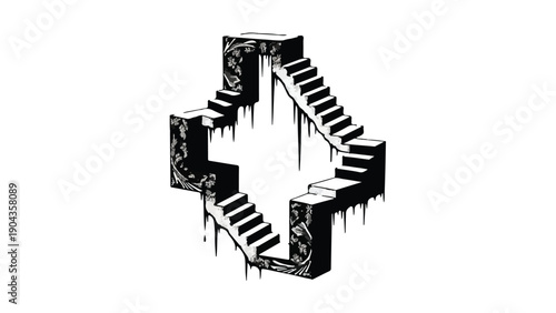 Eternal Ascent: An intricate artistic representation of an impossible staircase, ascending and descending within an elegant framework, symbolising endless cycles and imaginative design.