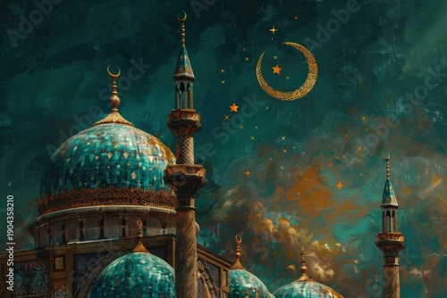 Ornate religious architecture with prominent domes and minarets against a dramatic night sky featuring a crescent moon and stars