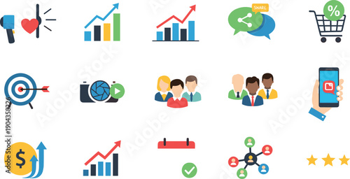 Digital Marketing And Social Media Strategy Icon Set Featuring Target Audience, Online Growth, Engagement And Mobile Promotion Vector Collection