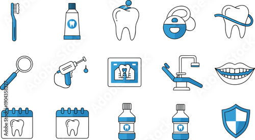 Dental Care And Orthodontic Treatment Icon Set Featuring Toothbrush, Braces, Dentist Chair And Oral Hygiene Vector Collection