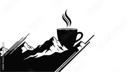 Coffee Adventure: A steaming mug of coffee sits atop a stylized mountain range, evoking the adventurous spirit and the perfect pairing of caffeine and nature.