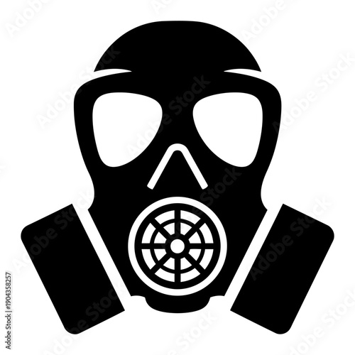 Black gas mask vector icon representing respiratory protection and safety equipment for industrial hazards, chemical warfare, or environmental pollution in a minimalist flat design.
