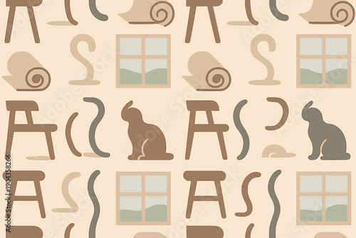 Pattern design featuring animals and furniture in neutral colors with an abstract theme