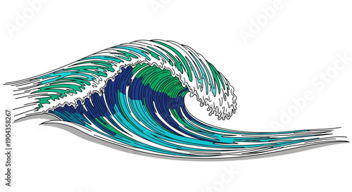 Powerful stylized ocean wave crashing with sea foam on an isolated white background.
