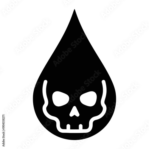 Minimalist black toxic drop icon featuring a white skull symbol representing hazardous liquid, chemical poison, or environmental pollution, isolated on white for safety warning design.