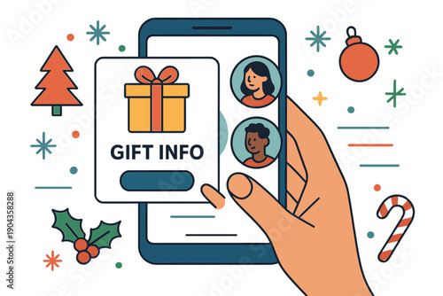 Mobile phone shows gift information with photos of friends and holiday decorations in a festive setting