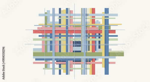 Abstract geometric grid pattern with colorful intersecting lines on a light beige background.