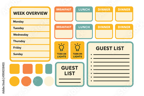 Planning meals and schedules for a week overview with notes for guest list and tasks at home