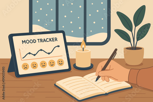 Mood tracking activity in a cozy indoor setting during winter with a candle and plant