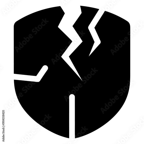 Broken shield icon representing security breach and vulnerability in a flat black silhouette style isolated on white background illustrating failed protection and cyber attack risk