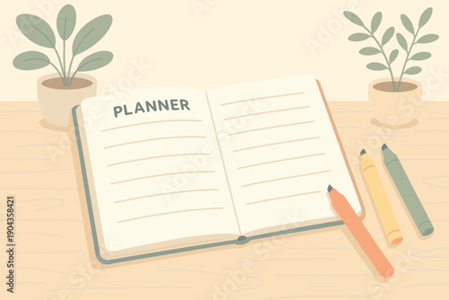 Open planner on a wooden table with pens and plants nearby during day time