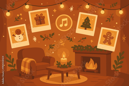 Warm and cozy holiday living room with decorations, lights, and festive items