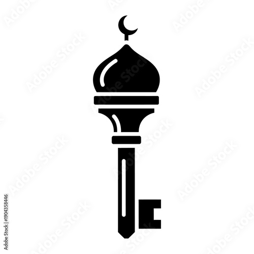 Black silhouette vector icon of a key with mosque dome and crescent moon handle, symbolizing Islamic real estate and halal mortgage, isolated on white background for Ramadan and Eid designs
