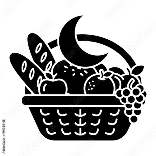 Harvest Basket Glyph Icon featuring Fresh Grapes, Apples, and Baguettes, topped with a Crescent Moon, representing Abundance, Thanksgiving, and Nighttime Provision in a Solid Black Vector Style.