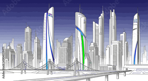 Futuristic city skyline with towering skyscrapers and modern bridges under a dark night sky.