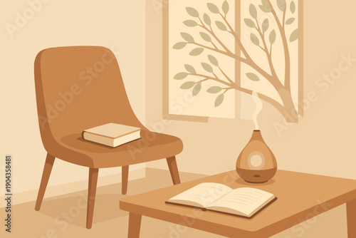 Cozy indoor space with a chair, table, books, and a diffuser near a window with a tree view