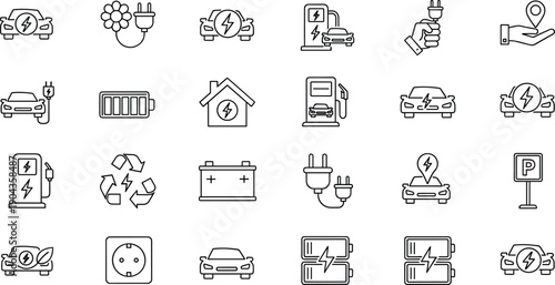 Electric vehicle and charging station outline icon set with EV battery, plug, renewable energy and eco transportation symbols isolated on white background vector collection