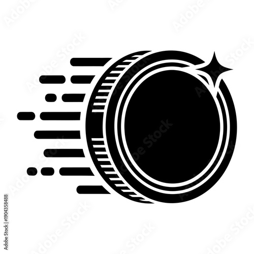 Dynamic black silhouette of a speeding coin or token with motion trails and a sparkle effect, symbolizing rapid financial growth, quick payment, or fast digital currency transfer.