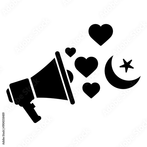 Black silhouette icon of a megaphone broadcasting hearts and the Islamic crescent moon and star symbol, representing a message of love, charity, faith, and religious announcement in a minimal glyph
