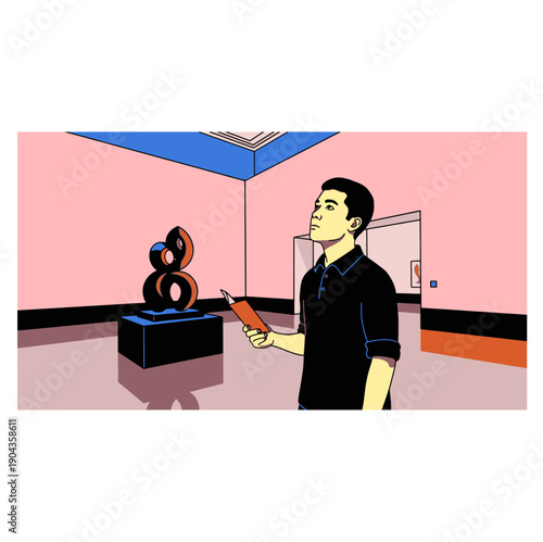 Man Observing Modern Art Sculpture in Contemporary Gallery