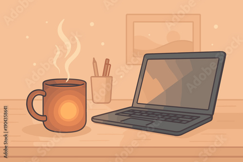 Workspace with coffee cup and laptop on table in simple indoor setting during daytime hours of the day