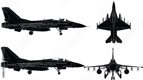 Military fighter jet silhouette set in side, top and front views, modern combat aircraft vector illustration isolated on white background for aviation design.