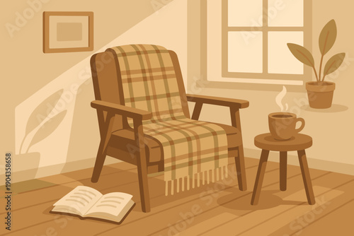 Cozy chair with blanket and warm drink in a sunlit room near a window during the day