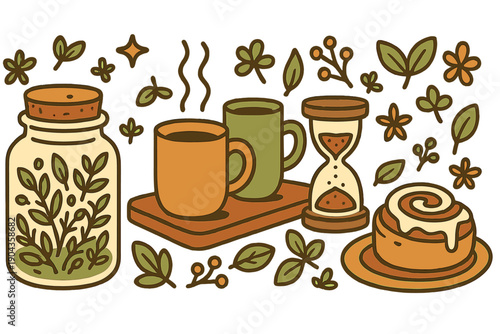 Warm drinks and baked goods with leaves and flowers in a cozy setting at afternoon tea time