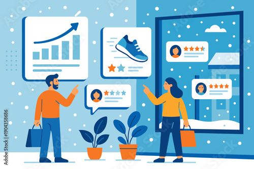 Winter shopping scene with people discussing products and reviews in a store display during snow