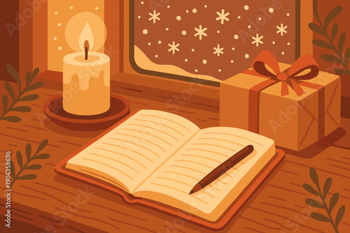 Sitting by the window with a candle and a gift during winter while writing in a notebook