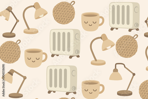 Warm and cozy setup with lamps, mugs, and a radiator in a simple design and layout for a comforting atmosphere