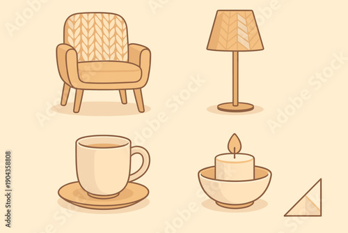 Cozy living room setup with chair, lamp, coffee cup, candle, and decorative elements at a home setting