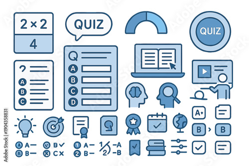 Educational icons representing quizzes, tests, and learning activities in a digital format on a light background