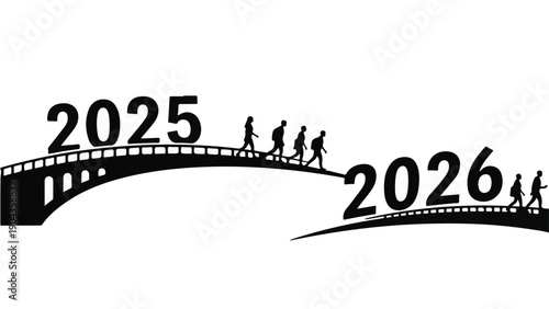 Bridging the Future: A metaphorical representation of a bridge, signifying the transition and progress between the years 2025 and 2026. This artistic image portrays figures traversing the bridge.