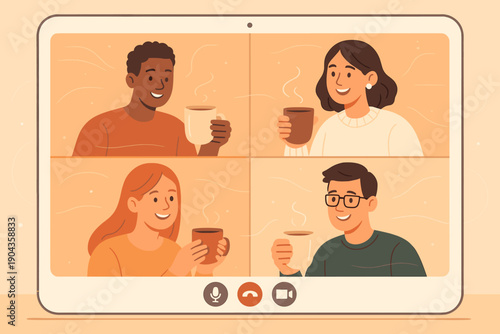 Friends talk and enjoy coffee together on a video call in a cozy setting during the afternoon