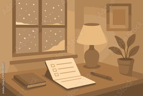 Cozy workspace in winter showing a desk with a lamp, notebook, and plant next to a snowy window