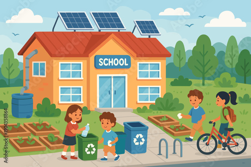 Students work together on recycling and gardening activities outside a school in a sunny area with trees around them