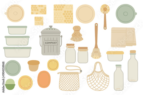 Items for organizing and storing kitchen materials in a clean space with a compost bin