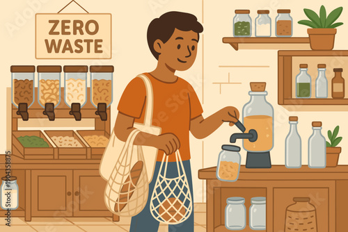 Shopping at a zero waste store while using reusable bags and filling containers with goods