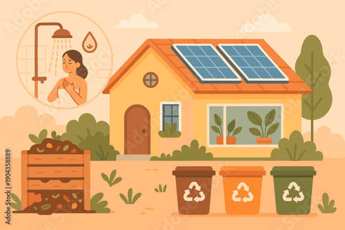House with solar panels and recycling bins showing eco-friendly living at home