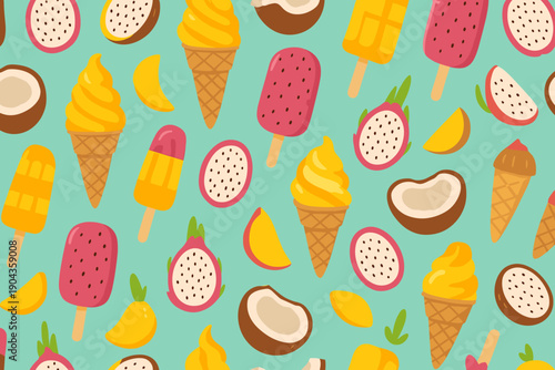 Colorful pattern of ice cream cones and popsicles with fruits on a light blue background