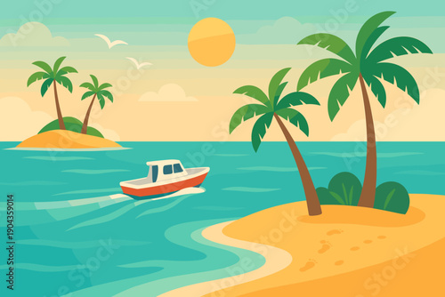 Boat travels on calm water near tropical island with palm trees during sunset sky in bright colors