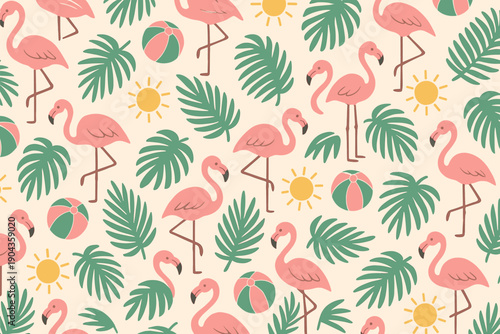 Colorful design with flamingos, palms, and beach balls in a tropical setting on a light background