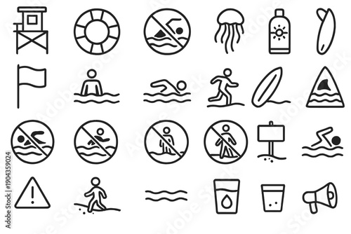 Safety signs and symbols related to water and beach activities for public awareness