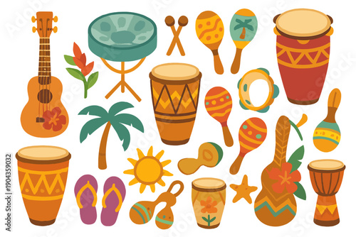 Musical instruments and tropical elements are shown together for a fun celebration in a bright and colorful scene
