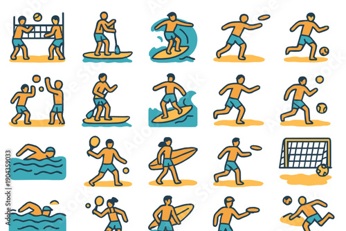 Different sports activities shown with simple figures in bright colors on a white background during daytime